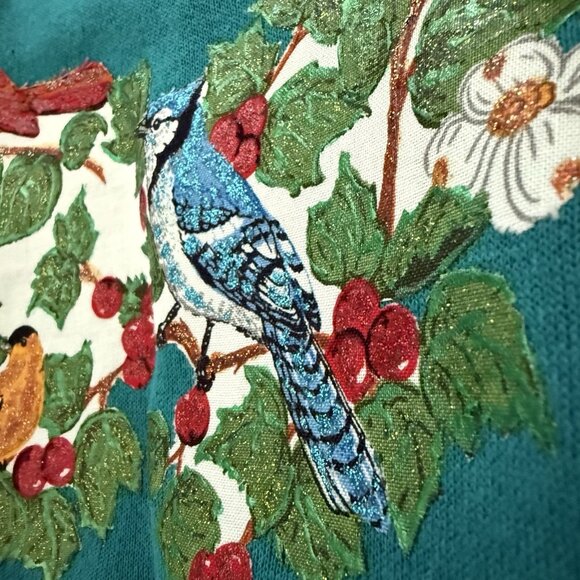Vintage 80s Hand Painted Glitter‎ Bird Sweatshirt Womens XL Holiday Christmas - Picture 4 of 7